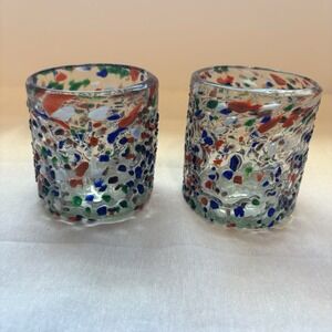 Handblown  Mexican Art Glass Embossed Confetti Shot Glasses Two-Piece Set